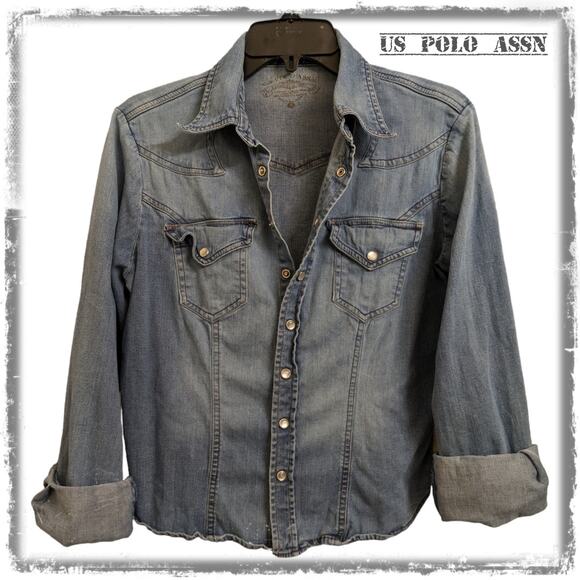 US POLO ASSN. Denim Shirt Pearl Snap Up Front Western Button Up Women's Large - Picture 1 of 7